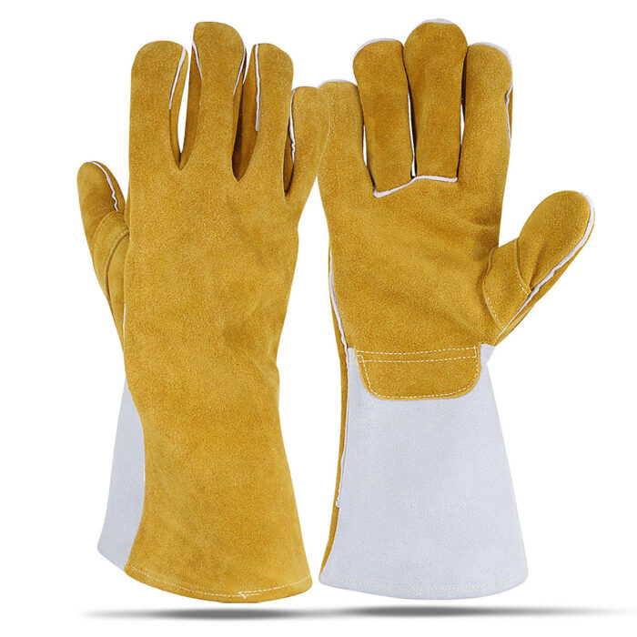WeldGuard Yellow Strap leather safety glove by Subhan Safety, industrial work glove designed for durability, grip, and hand protection.