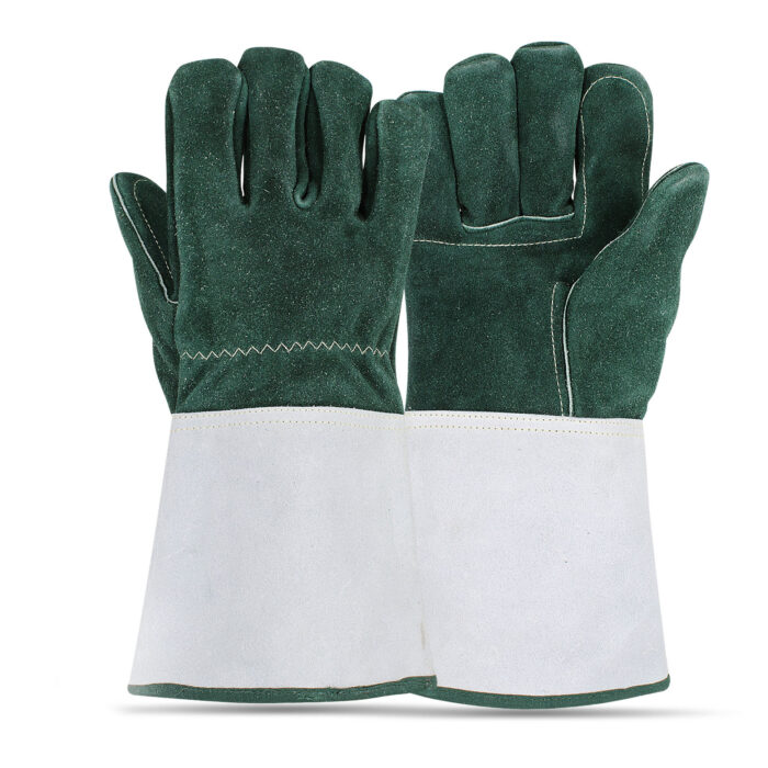 WeldGuard Green Heavy 15 leather safety glove by Subhan Safety, industrial work glove designed for durability, grip, and hand protection.