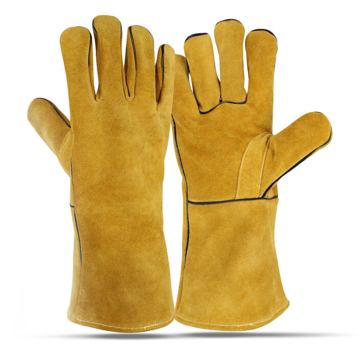 WeldGuard Yellow Pulse leather safety glove by Subhan Safety, industrial work glove designed for durability, grip, and hand protection.